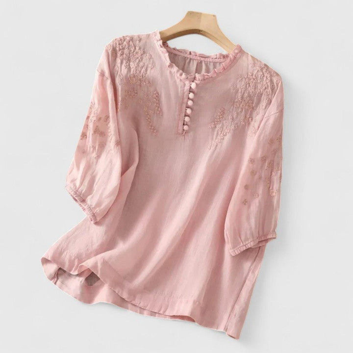 Chloe | Women's Linen Blouse Embroidered Ruffle Collar Pom-Pom