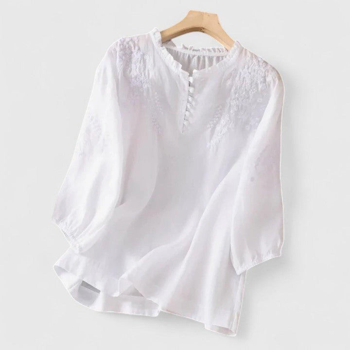 Chloe | Women's Linen Blouse Embroidered Ruffle Collar Pom-Pom
