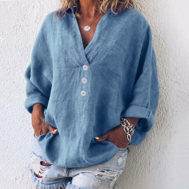 Chloe | Women's Linen Button Down Blouse V-Neck Oversized Roll Tab