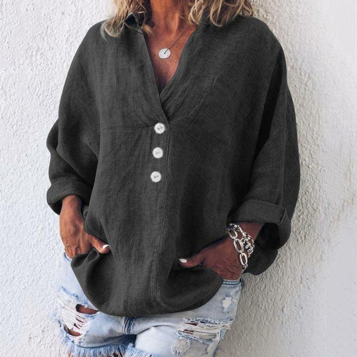 Chloe | Women's Linen Button Down Blouse V-Neck Oversized Roll Tab