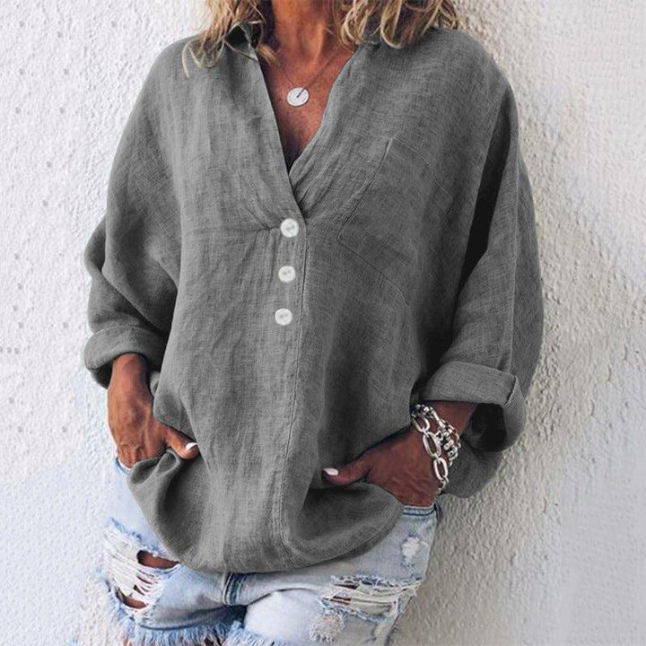 Chloe | Women's Linen Button Down Blouse V-Neck Oversized Roll Tab