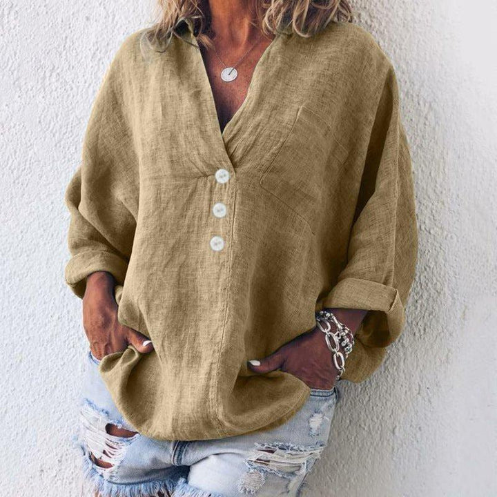 Chloe | Women's Linen Button Down Blouse V-Neck Oversized Roll Tab