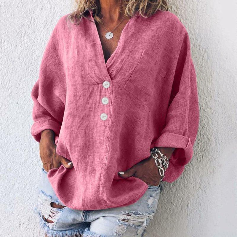 Chloe | Women's Linen Button Down Blouse V-Neck Oversized Roll Tab