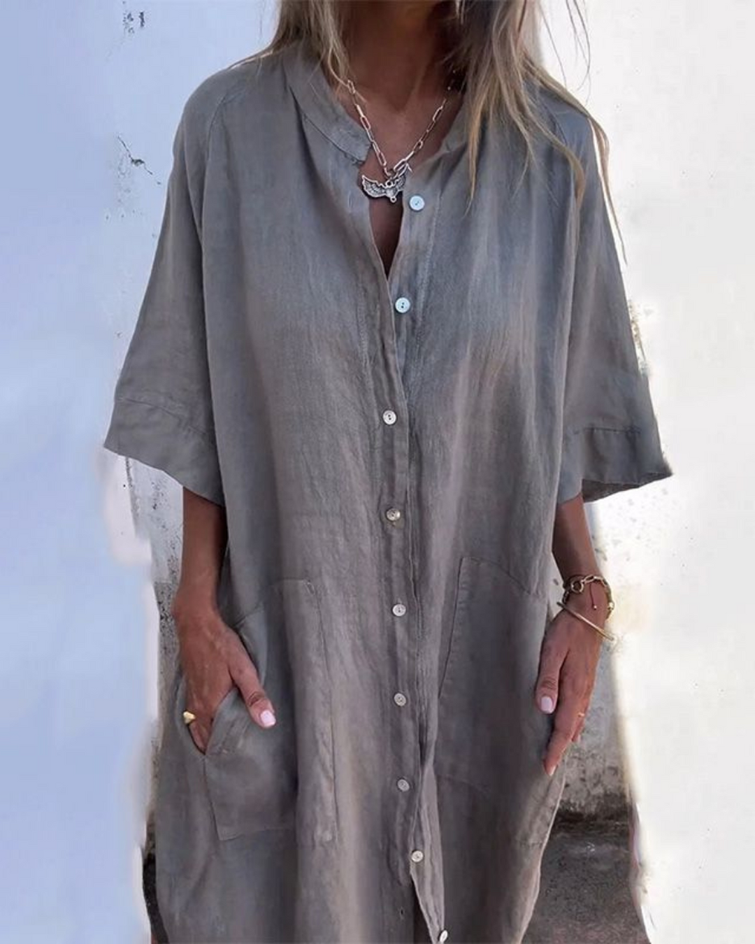 Destiny | Women's Boho Button Front Long Sleeve Midi Dress