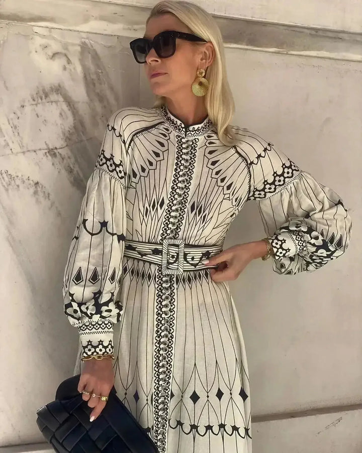 Ella | Women’s Printed Long Sleeve A Line Midi Dress