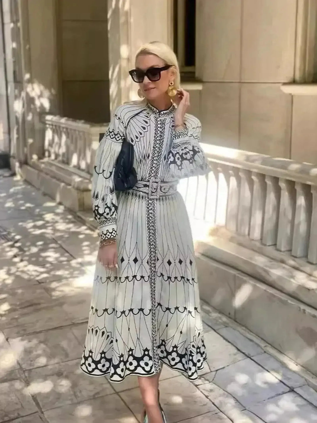 Ella | Women’s Printed Long Sleeve A Line Midi Dress