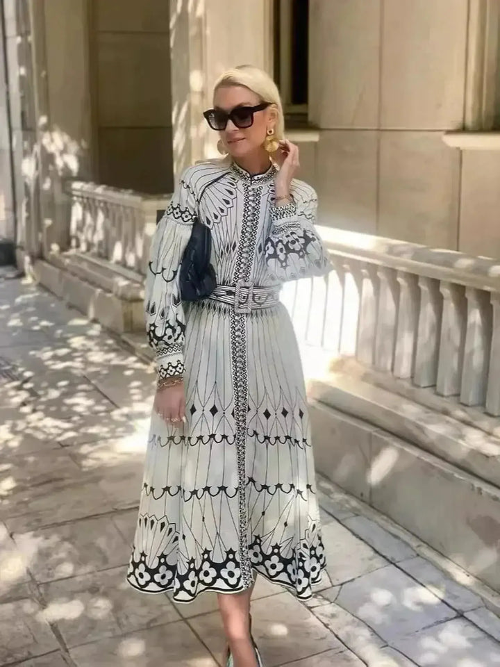 Ella | Women’s Printed Long Sleeve A Line Midi Dress