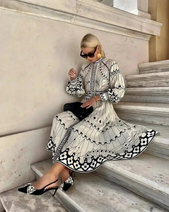 Ella | Women’s Printed Long Sleeve A Line Midi Dress