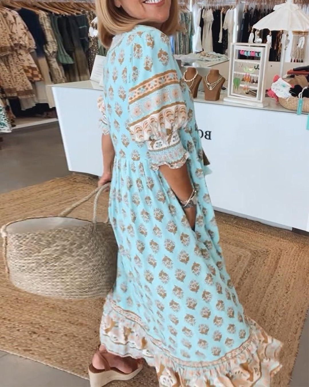 Emily | Women's Boho Printed Tassel Tie Midi Dress