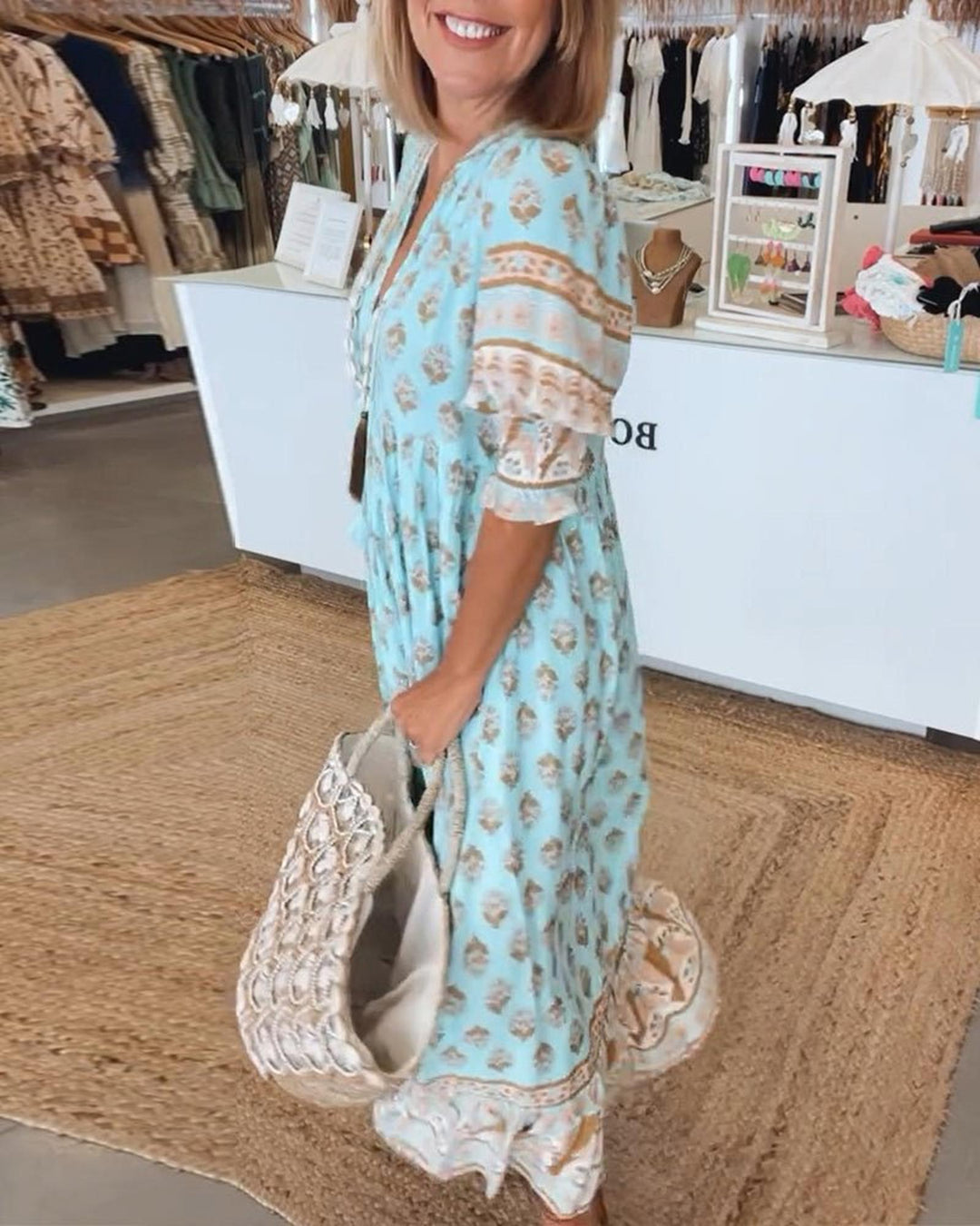 Emily | Women's Boho Printed Tassel Tie Midi Dress