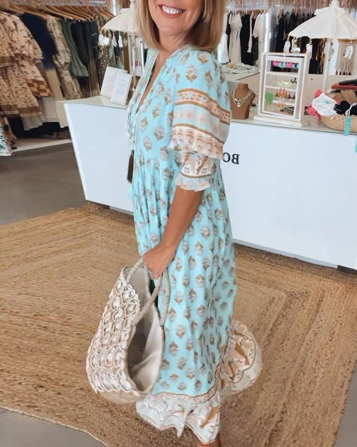 Emily | Women's Boho Printed Tassel Tie Midi Dress