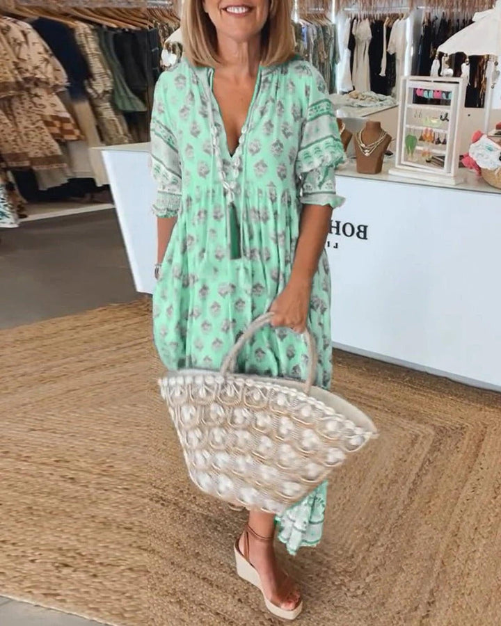 Emily | Women's Boho Printed Tassel Tie Midi Dress