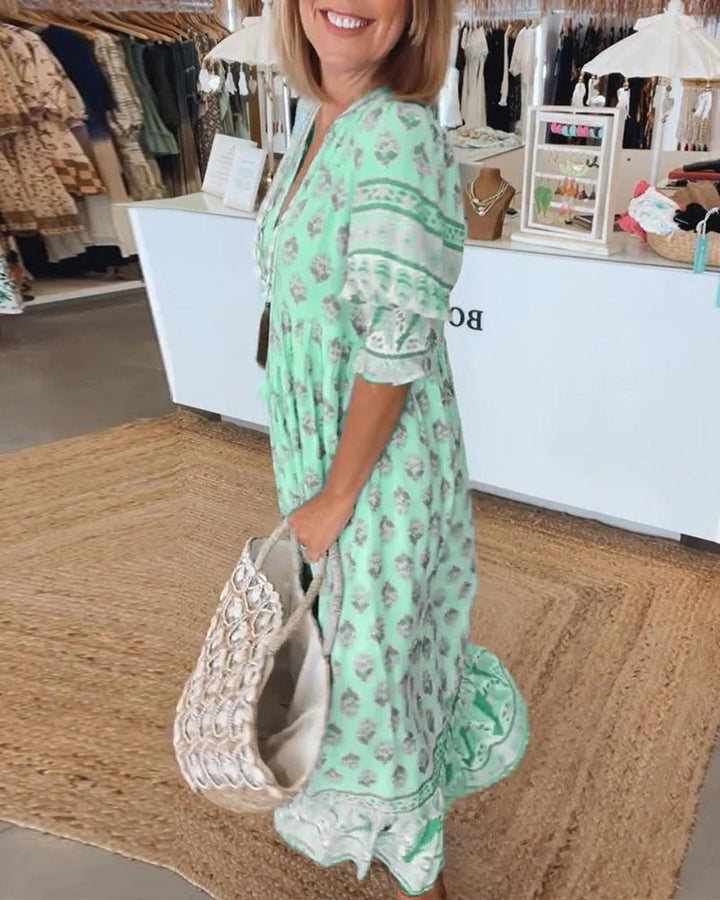 Emily | Women's Boho Printed Tassel Tie Midi Dress