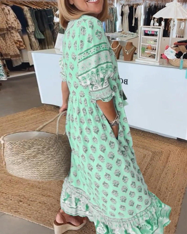Emily | Women's Boho Printed Tassel Tie Midi Dress
