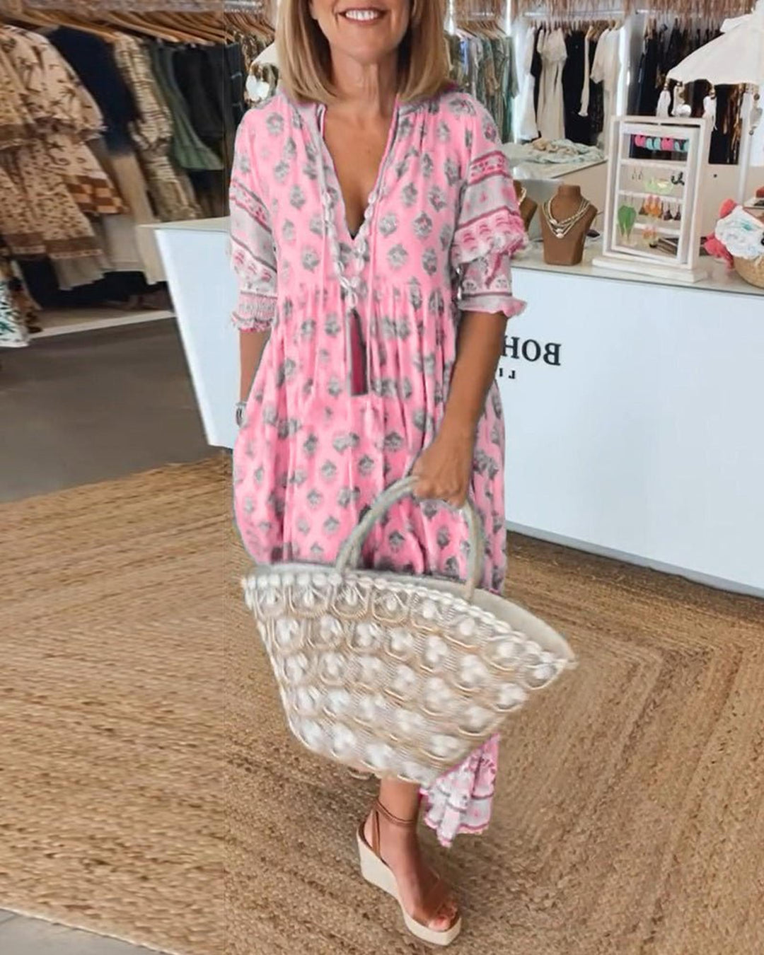 Emily | Women's Boho Printed Tassel Tie Midi Dress