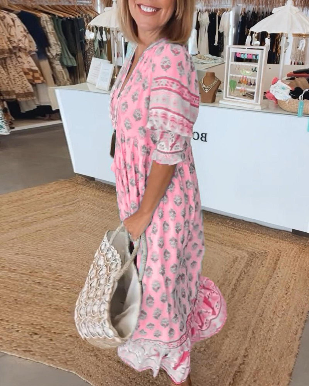 Emily | Women's Boho Printed Tassel Tie Midi Dress