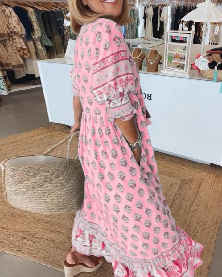 Emily | Women's Boho Printed Tassel Tie Midi Dress