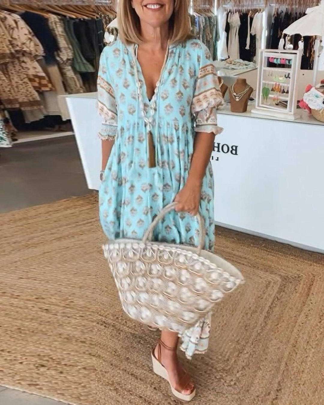 Emily | Women's Boho Printed Tassel Tie Midi Dress