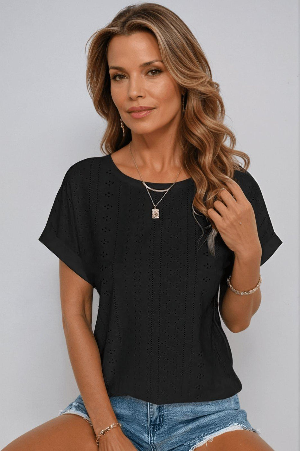 Evelyn | Women's Cotton Eyelet Short Sleeve Round Neck Top