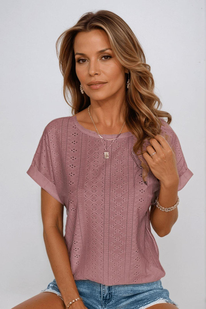 Evelyn | Women's Cotton Eyelet Short Sleeve Round Neck Top