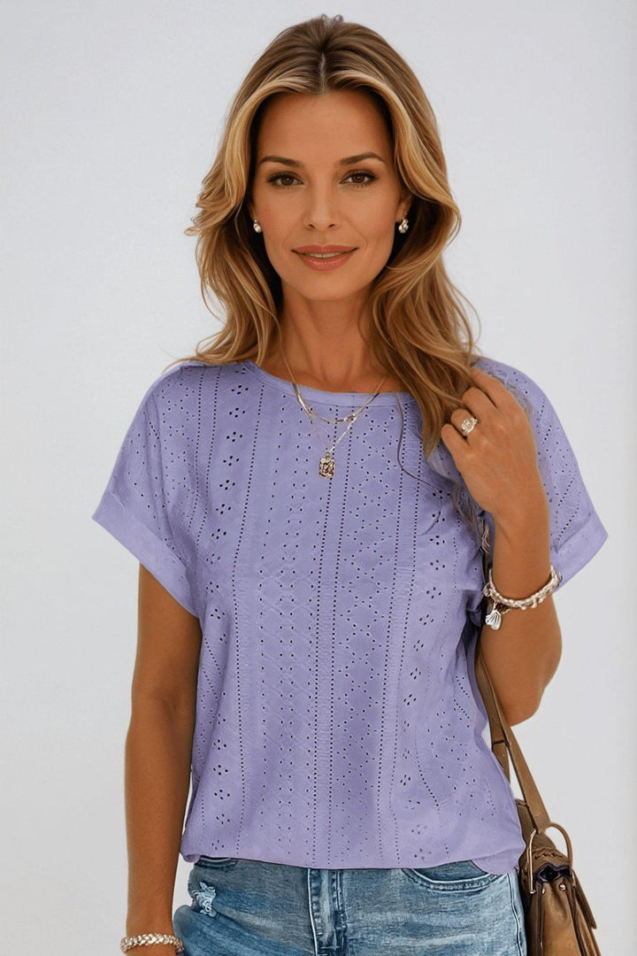 Evelyn | Women's Cotton Eyelet Short Sleeve Round Neck Top