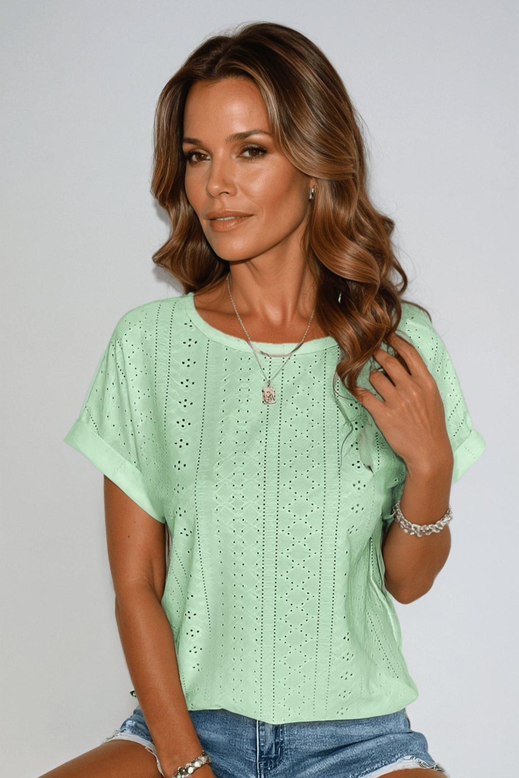Evelyn | Women's Cotton Eyelet Short Sleeve Round Neck Top