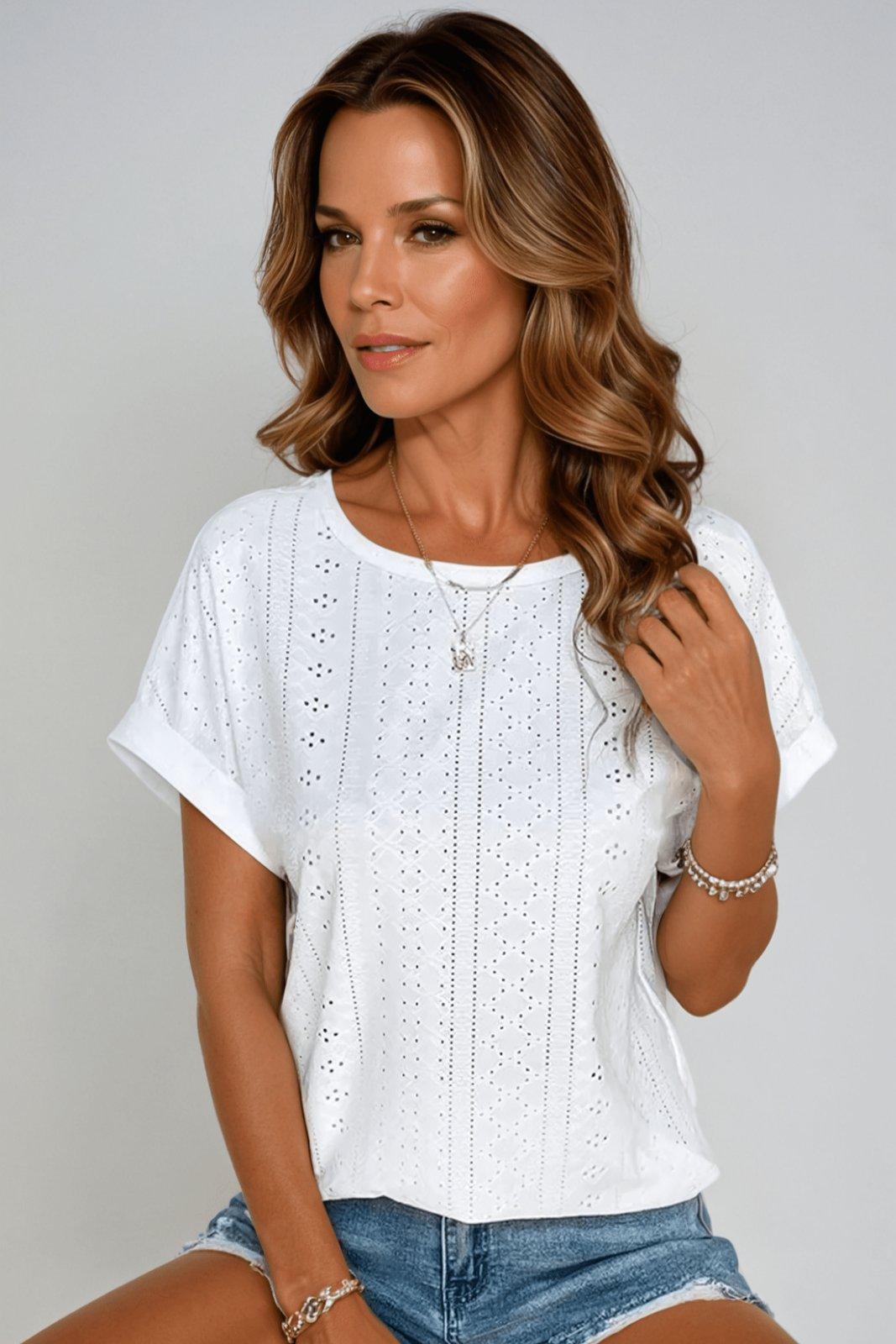 Evelyn | Women's Cotton Eyelet Short Sleeve Round Neck Top
