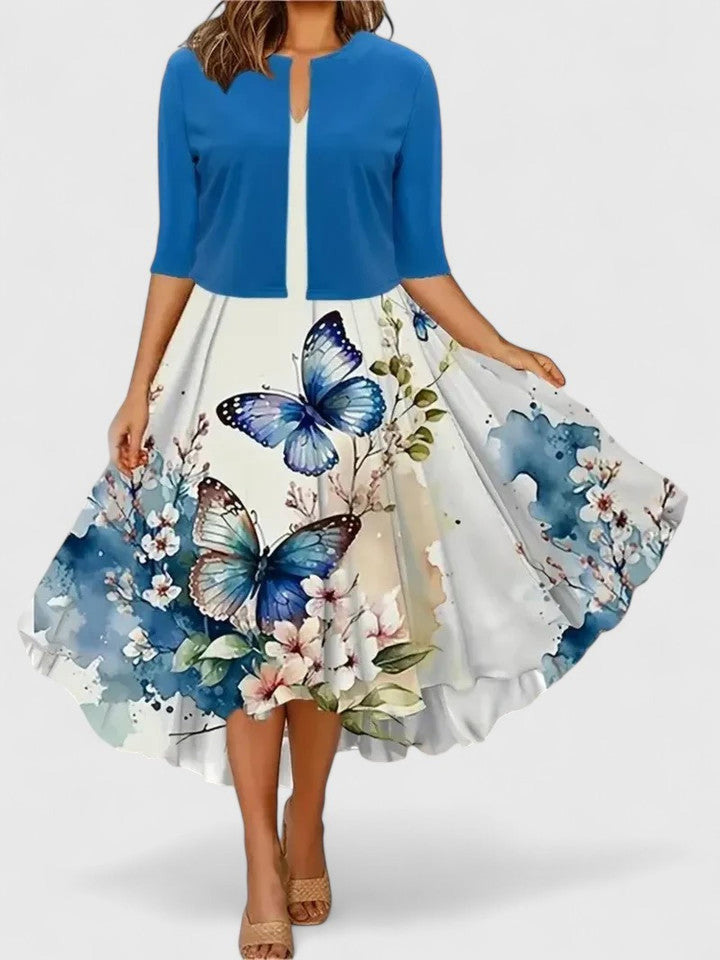 Evelyn | Women’s Floral Three Quarter Sleeve A Line Midi Dress