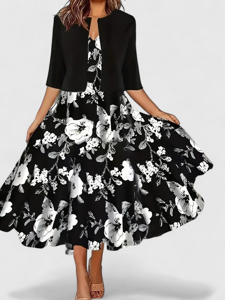 Evelyn | Women’s Floral Three Quarter Sleeve A Line Midi Dress