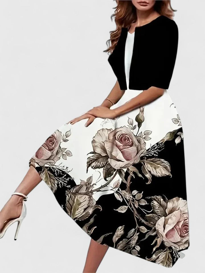Evelyn | Women’s Floral Three Quarter Sleeve A Line Midi Dress