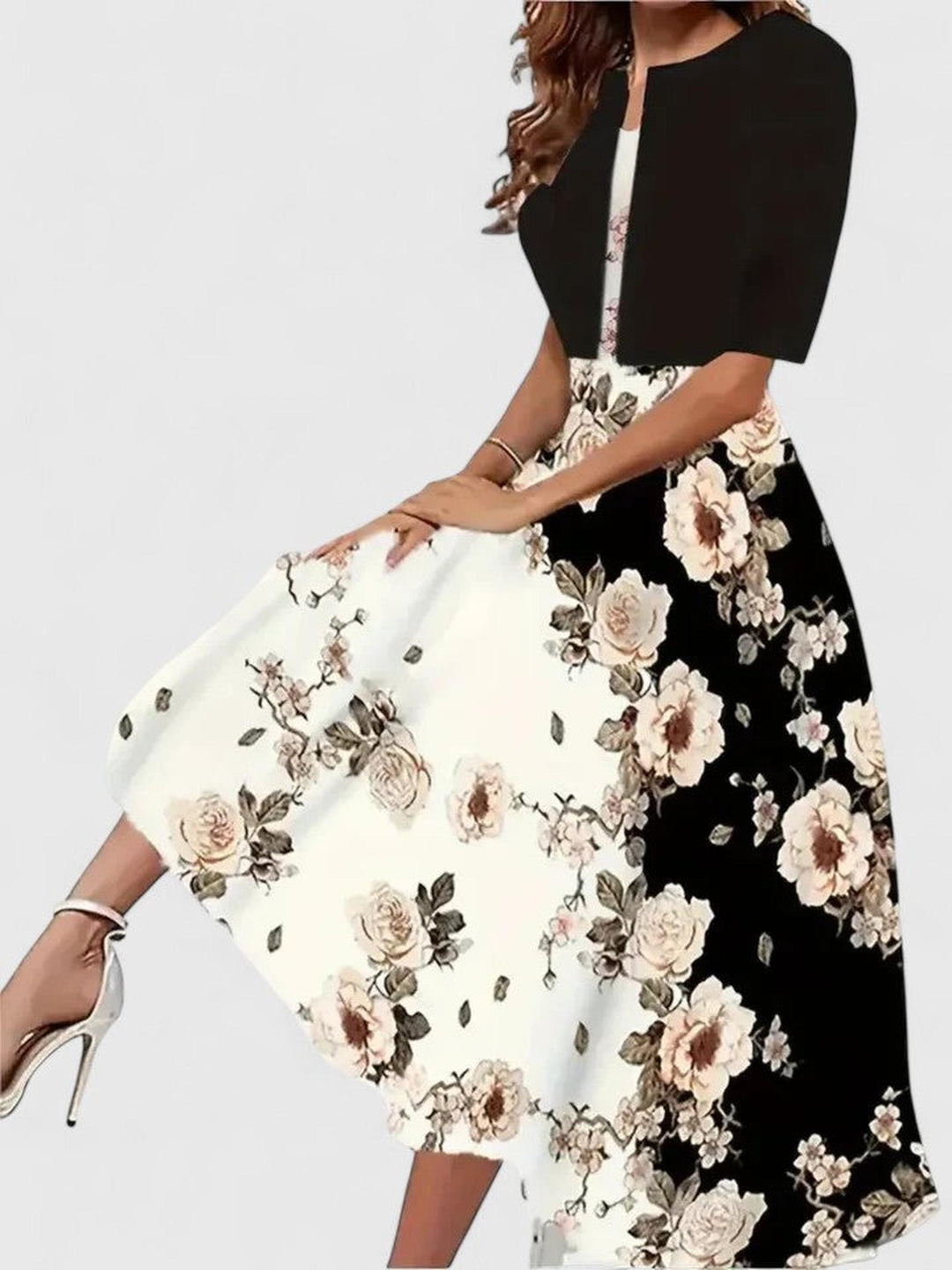 Evelyn | Women’s Floral Three Quarter Sleeve A Line Midi Dress