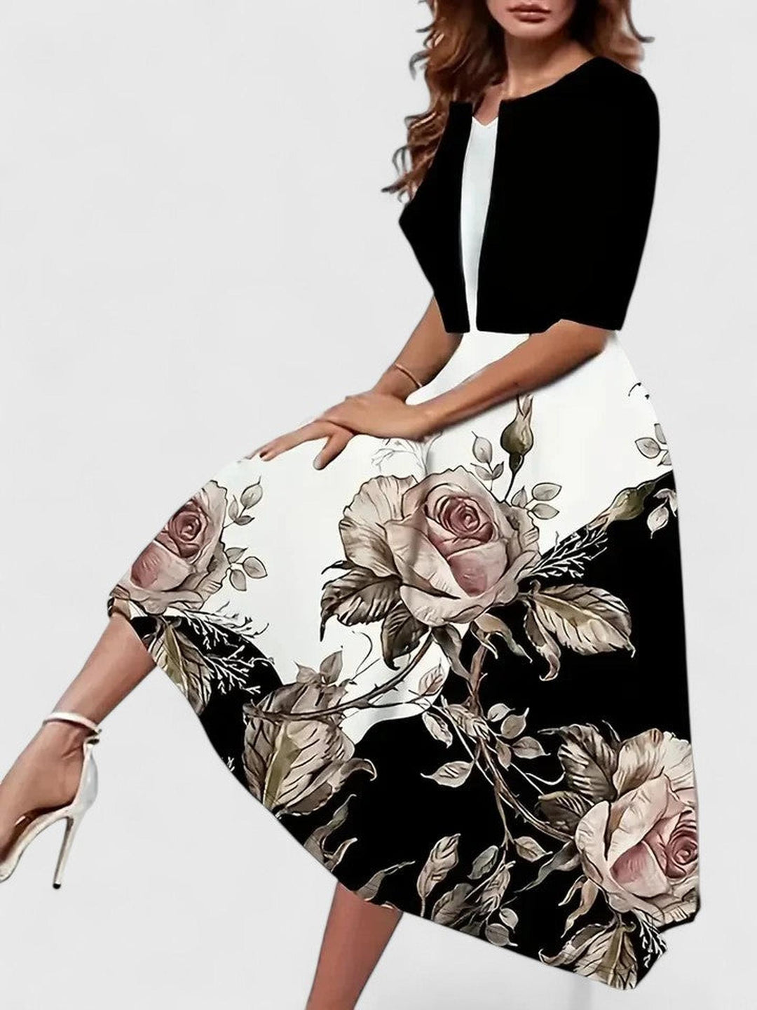 Evelyn | Women’s Floral Three Quarter Sleeve A Line Midi Dress