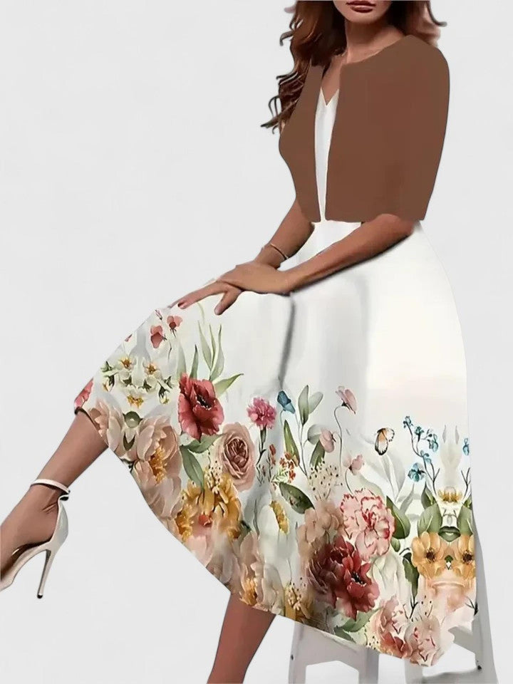 Evelyn | Women’s Floral Three Quarter Sleeve A Line Midi Dress