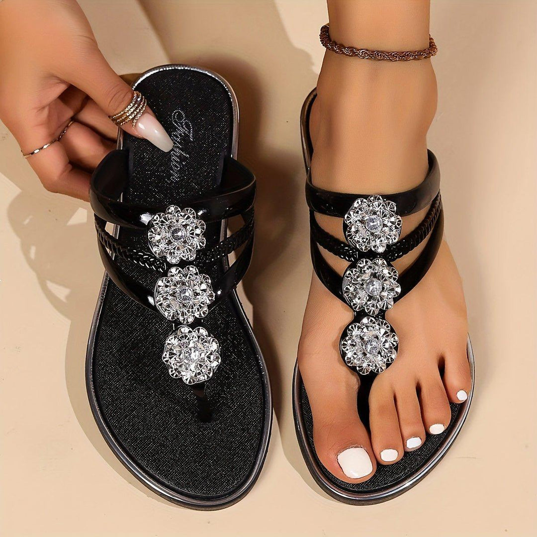 Evelyn | Women's Rhinestone T-Strap Flat Sandals Slip-On
