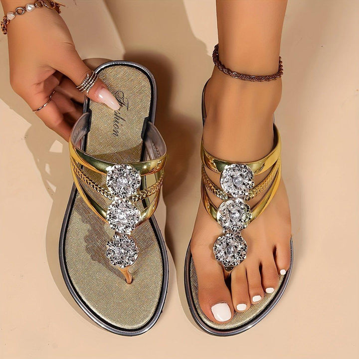 Evelyn | Women's Rhinestone T-Strap Flat Sandals Slip-On