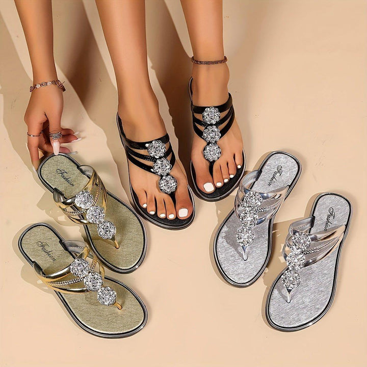 Evelyn | Women's Rhinestone T-Strap Flat Sandals Slip-On