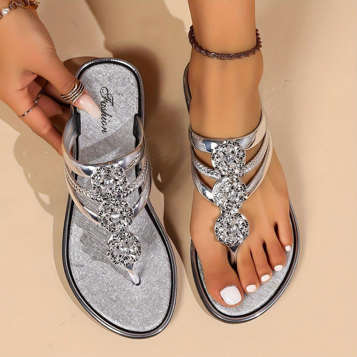 Evelyn | Women's Rhinestone T-Strap Flat Sandals Slip-On