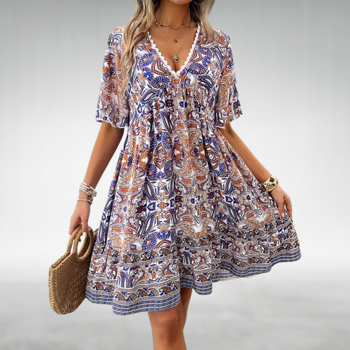 Gabriella | Women's Boho Printed V Neck Mini Dress