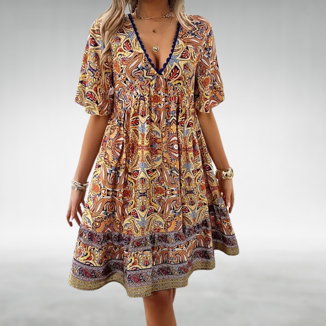 Gabriella | Women's Boho Printed V Neck Mini Dress