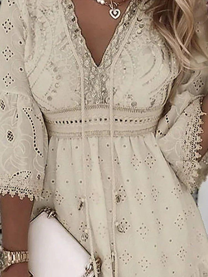 Grace | Boho Mini Dress V-Neck A-Line Bell Sleeves Eyelet Lace
