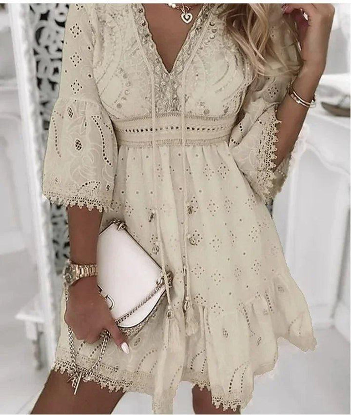 Grace | Boho Mini Dress V-Neck A-Line Bell Sleeves Eyelet Lace