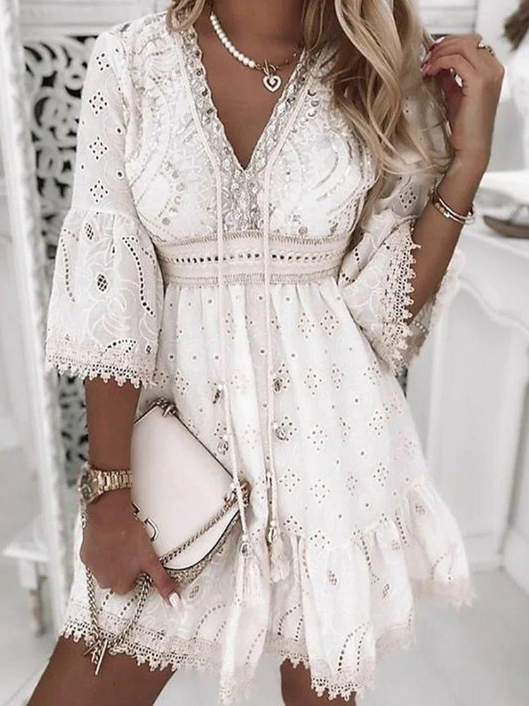 Grace | Boho Mini Dress V-Neck A-Line Bell Sleeves Eyelet Lace