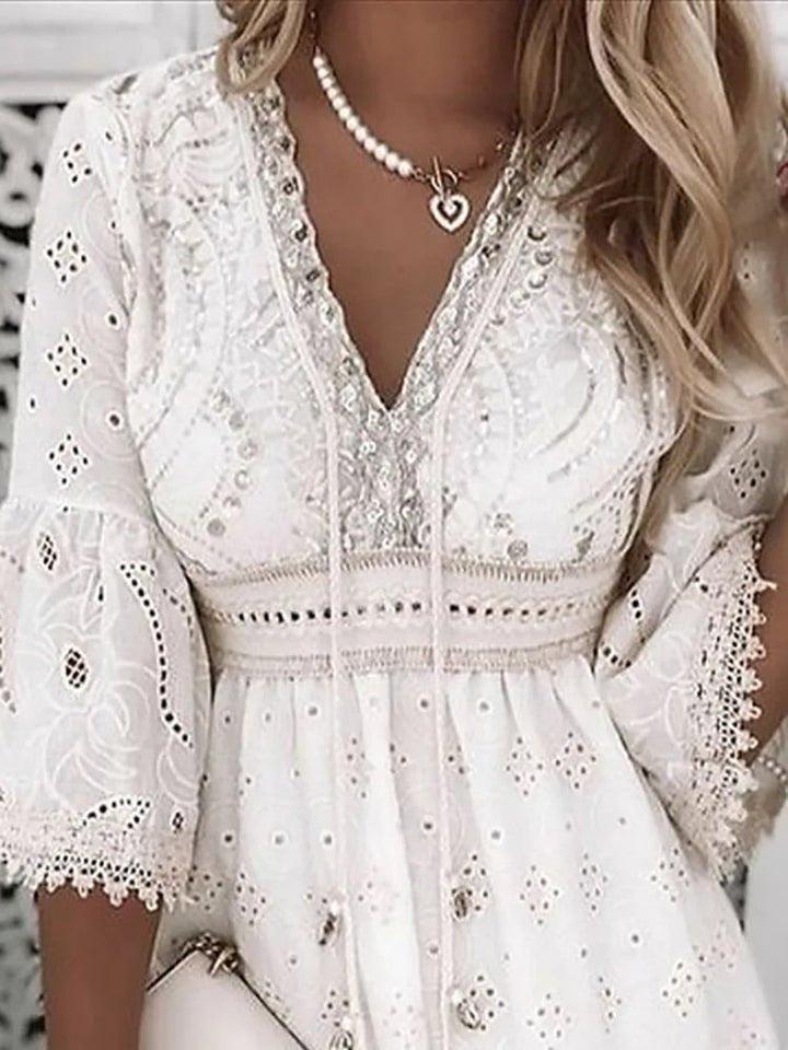 Grace | Boho Mini Dress V-Neck A-Line Bell Sleeves Eyelet Lace