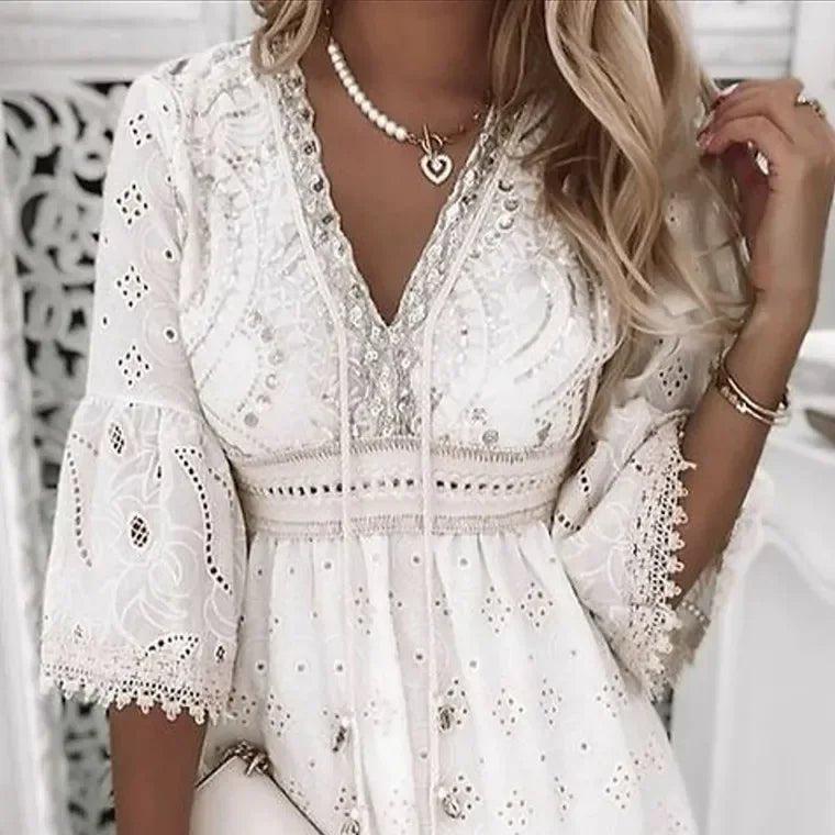 Grace | Boho Mini Dress V-Neck A-Line Bell Sleeves Eyelet Lace