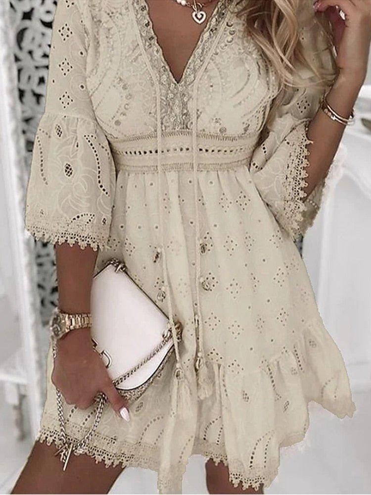Grace | Boho Mini Dress V-Neck A-Line Bell Sleeves Eyelet Lace