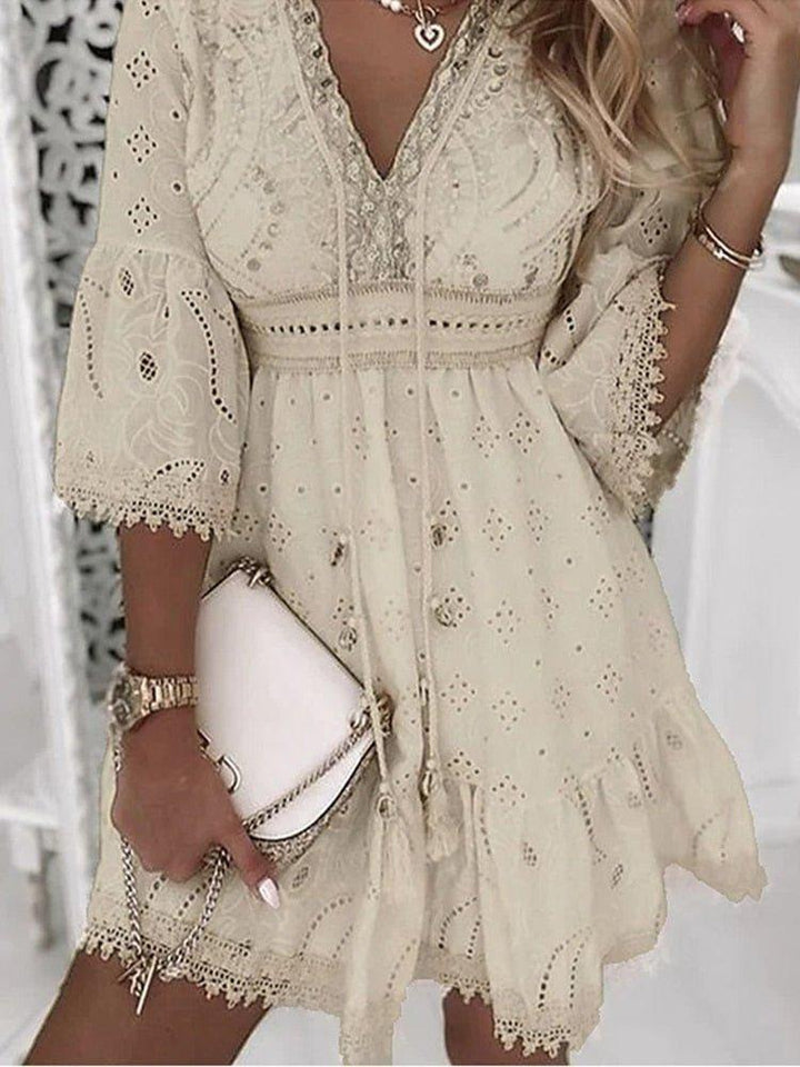 Grace | Boho Mini Dress V-Neck A-Line Bell Sleeves Eyelet Lace