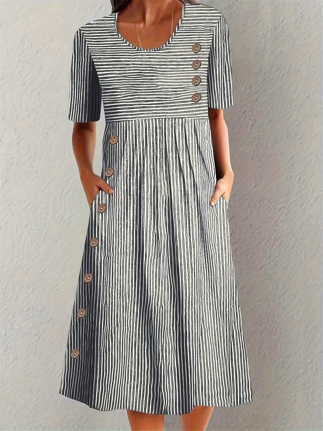 Grace | Linen Striped Midi Dress Button Front Short Sleeve Casual