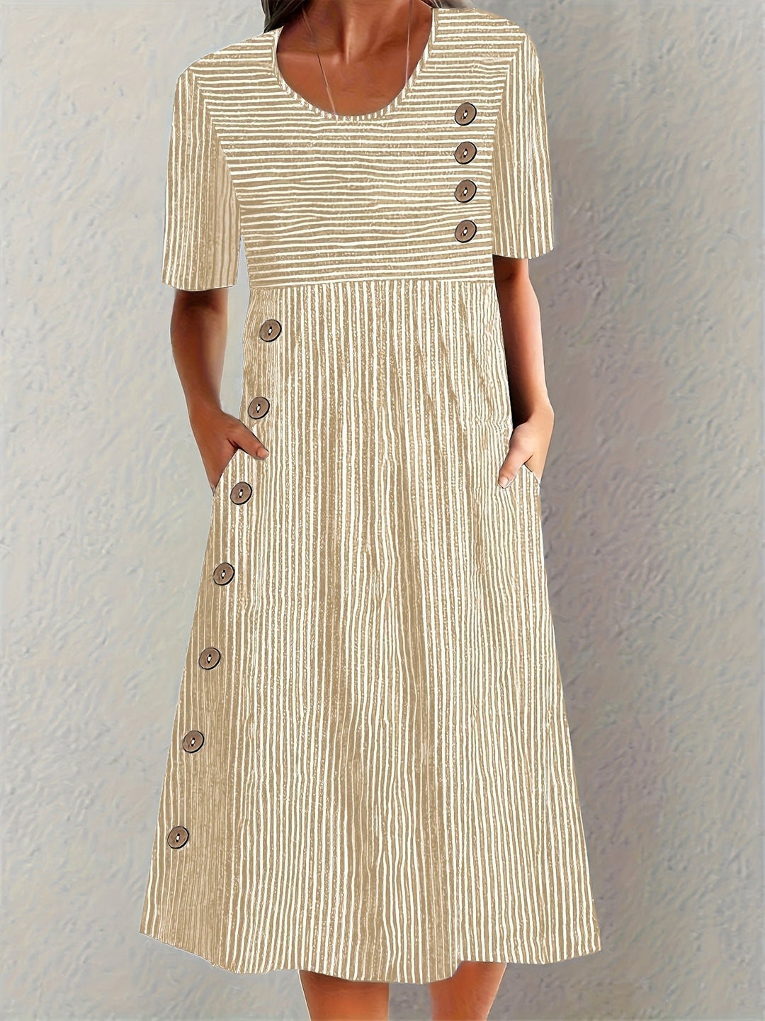 Grace | Linen Striped Midi Dress Button Front Short Sleeve Casual