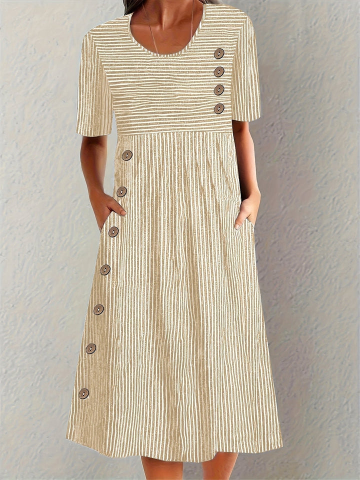 Grace | Linen Striped Midi Dress Button Front Short Sleeve Casual