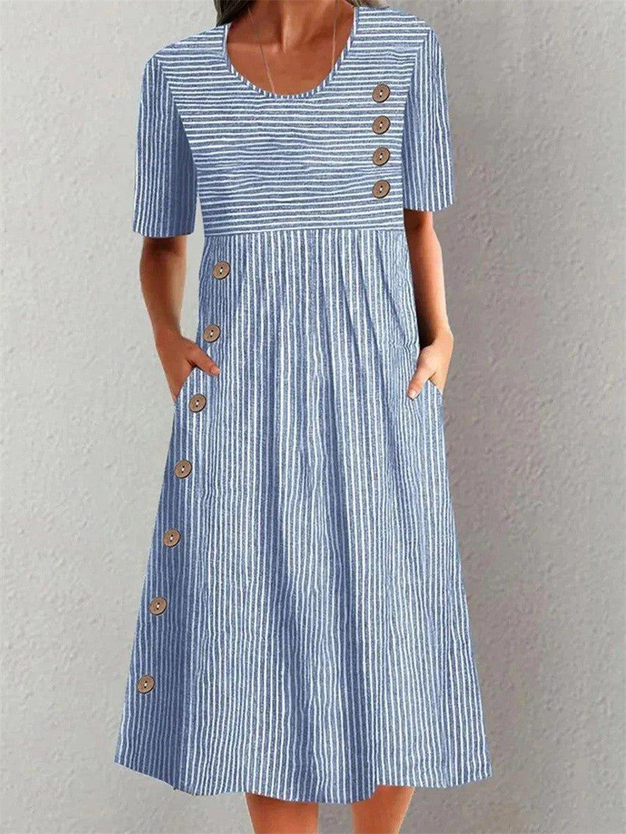 Grace | Linen Striped Midi Dress Button Front Short Sleeve Casual
